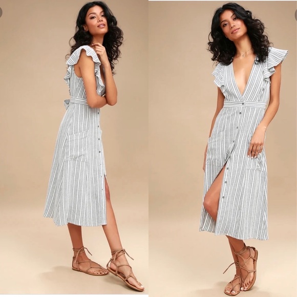 Lost and Wander ‘Kika’ Grey Striped Button-Up Midi Dress - Picture 1 of 10